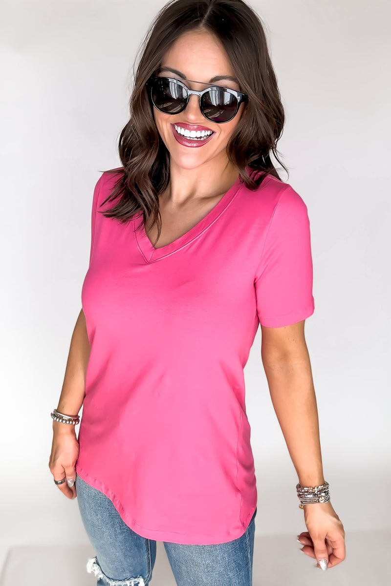 SR Basic Cotton Fuchsia V-Neck Short Sleeve Tee Shirt