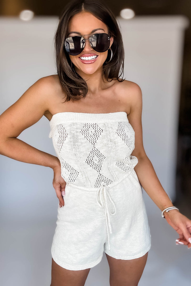 Mable Cream Strapless Crochet Knit Tube Romper