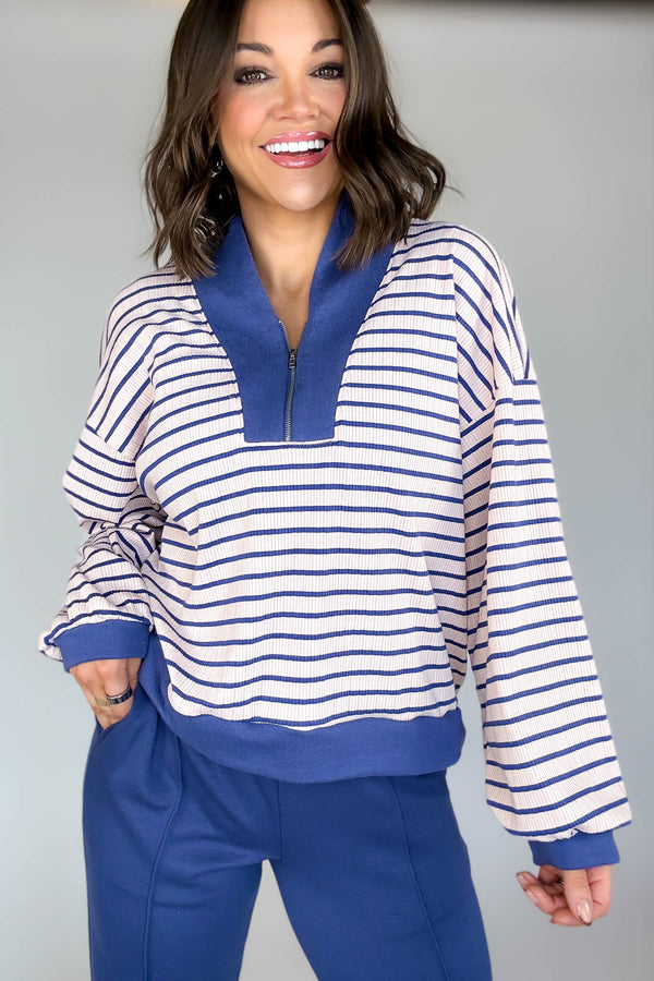 Bucketlist Blue And Pink Half Zip-up Stripe Print Pullover Top