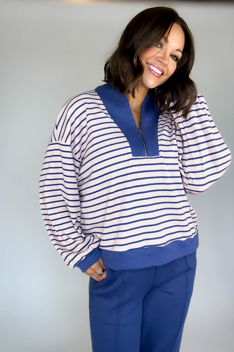 Bucketlist Blue And Pink Half Zip-up Stripe Print Pullover Top