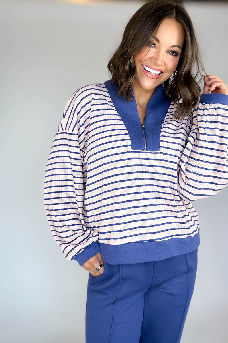 Bucketlist Blue And Pink Half Zip-up Stripe Print Pullover Top