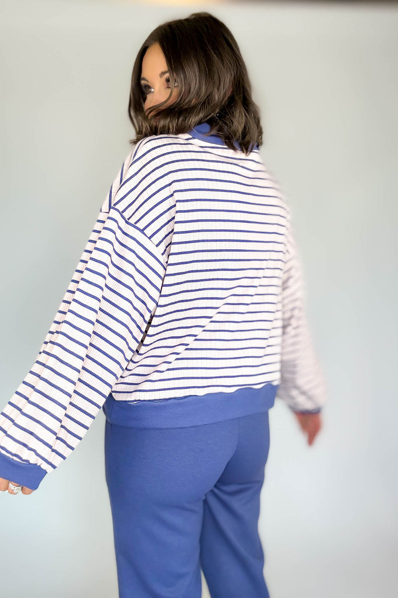 Bucketlist Blue And Pink Half Zip-up Stripe Print Pullover Top