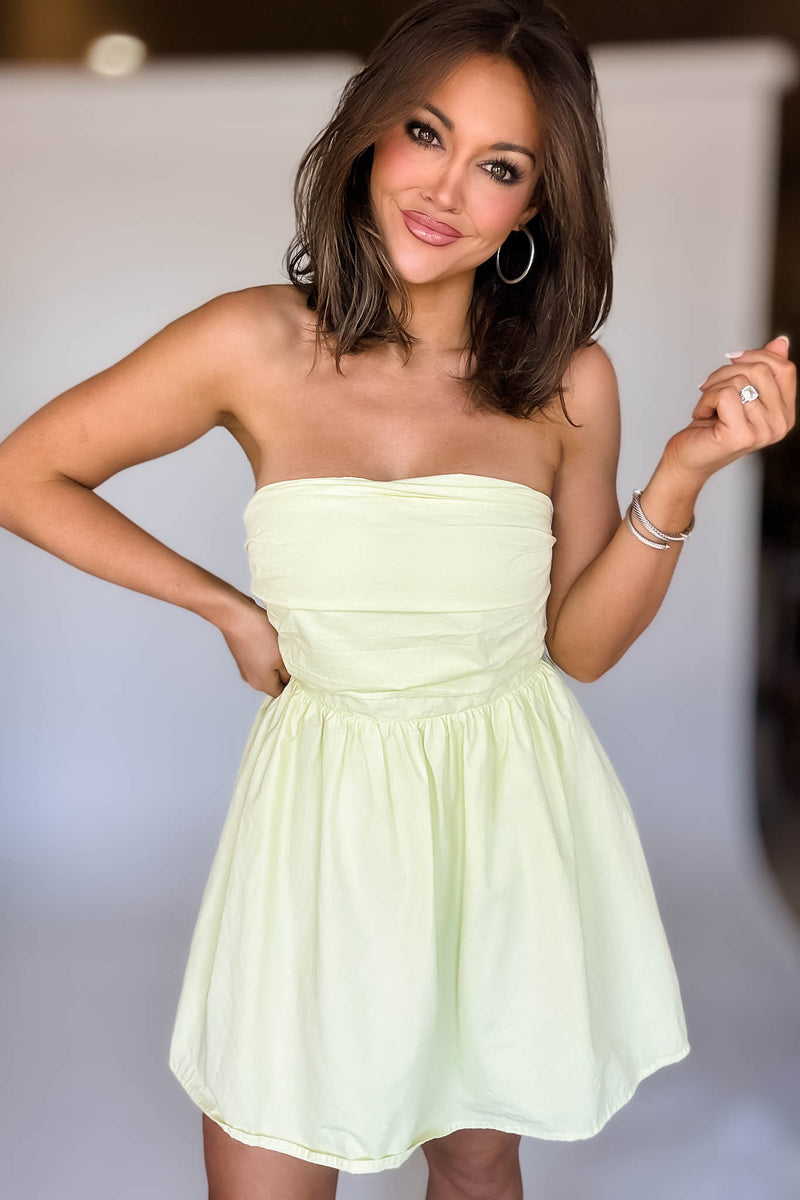 Light Yellow Strapless Pleated Detail Dress