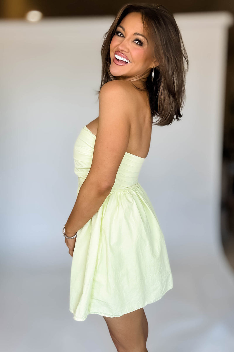 Light Yellow Strapless Pleated Detail Dress