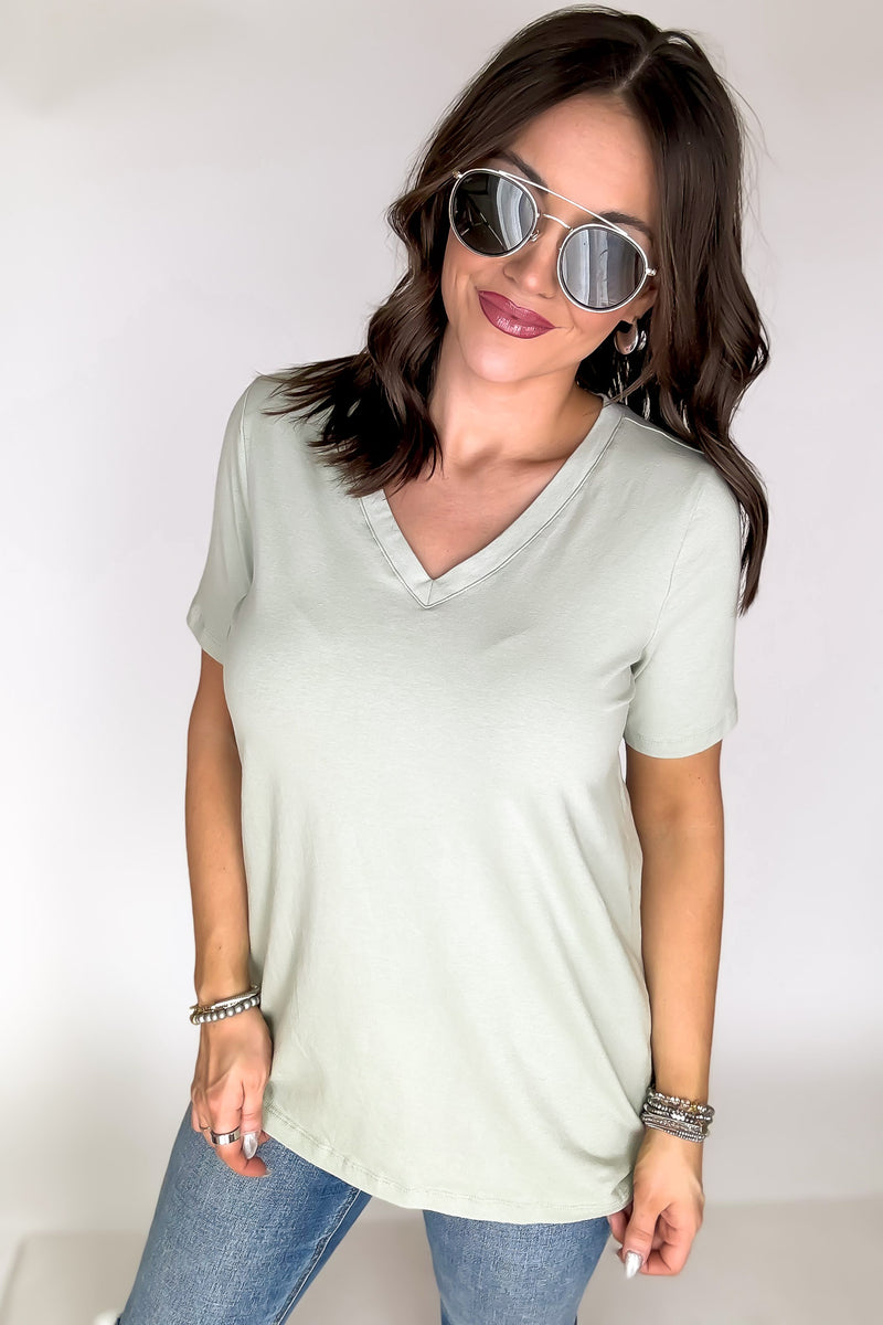 SR Basic Cotton Light Sage V-Neck Short Sleeve Tee Shirt