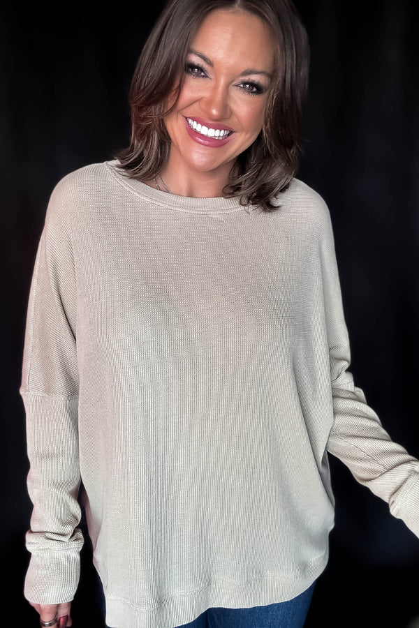 Green Khaki Waffle Ribbed Roundneck Pullover