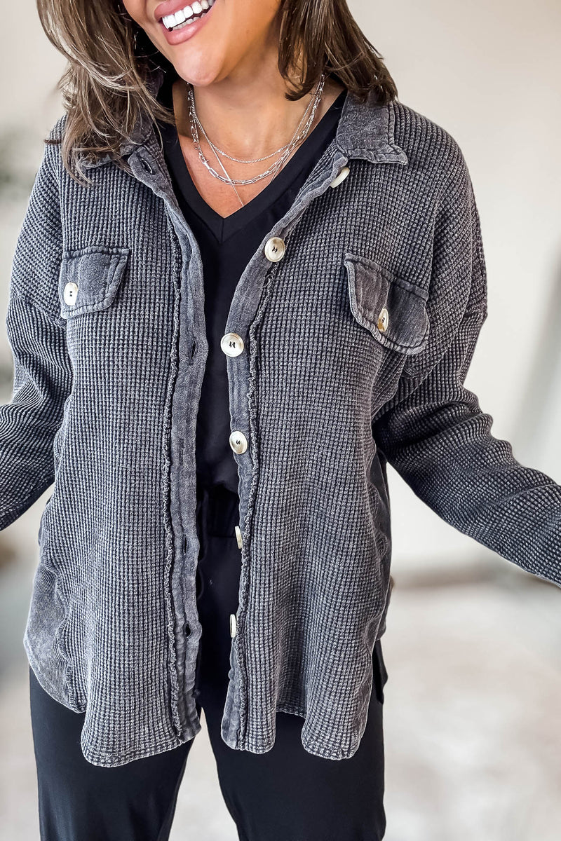 CHARCOAL KNITTED COLLARED BUTTON DOWN JACKET