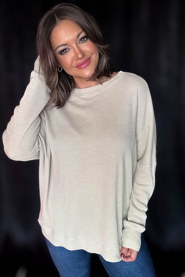 Green Khaki Waffle Ribbed Roundneck Pullover