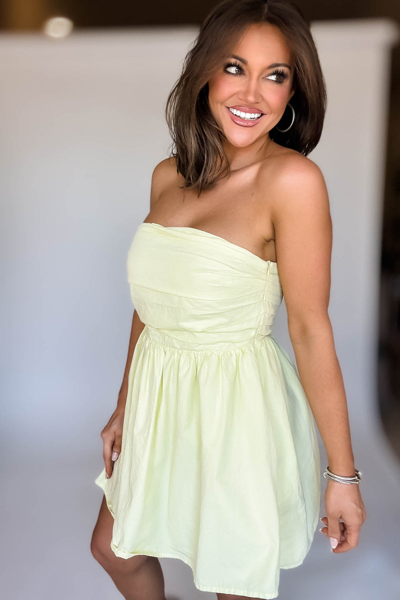 Light Yellow Strapless Pleated Detail Dress