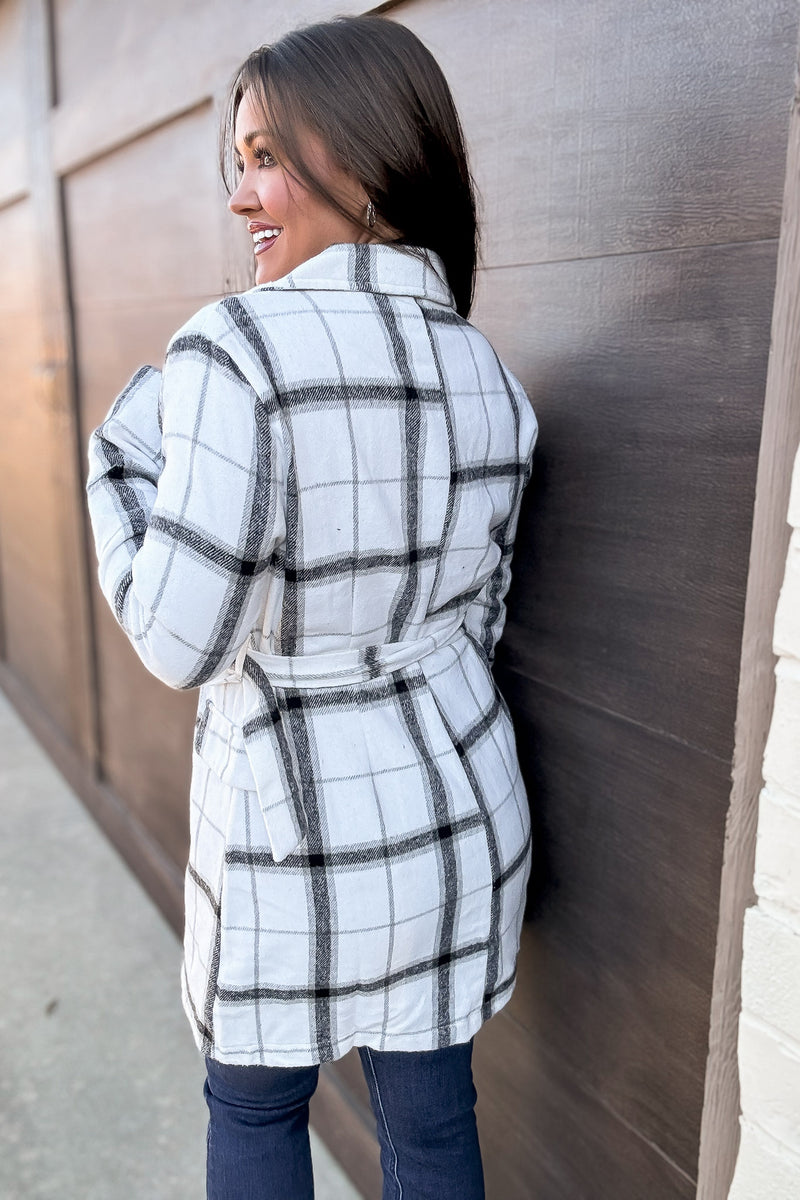 Casual Elegance Plaid Off White Belted Coat