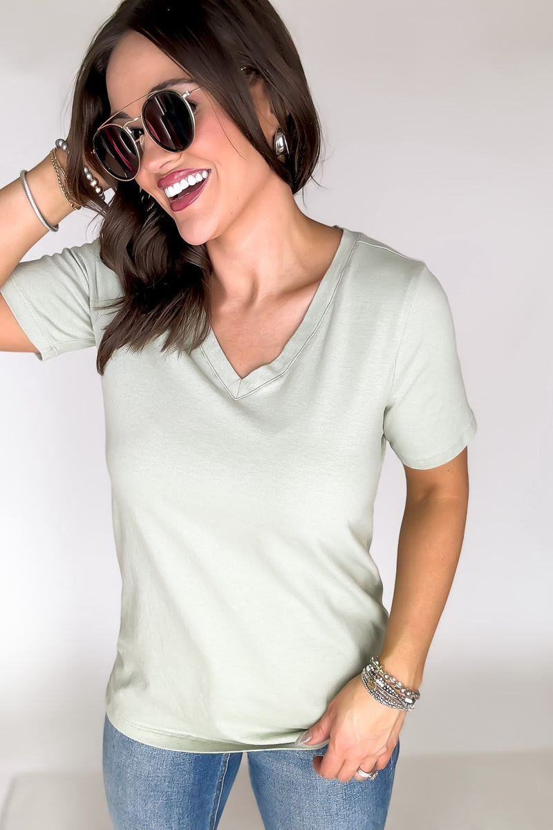 SR Basic Cotton Light Sage V-Neck Short Sleeve Tee Shirt