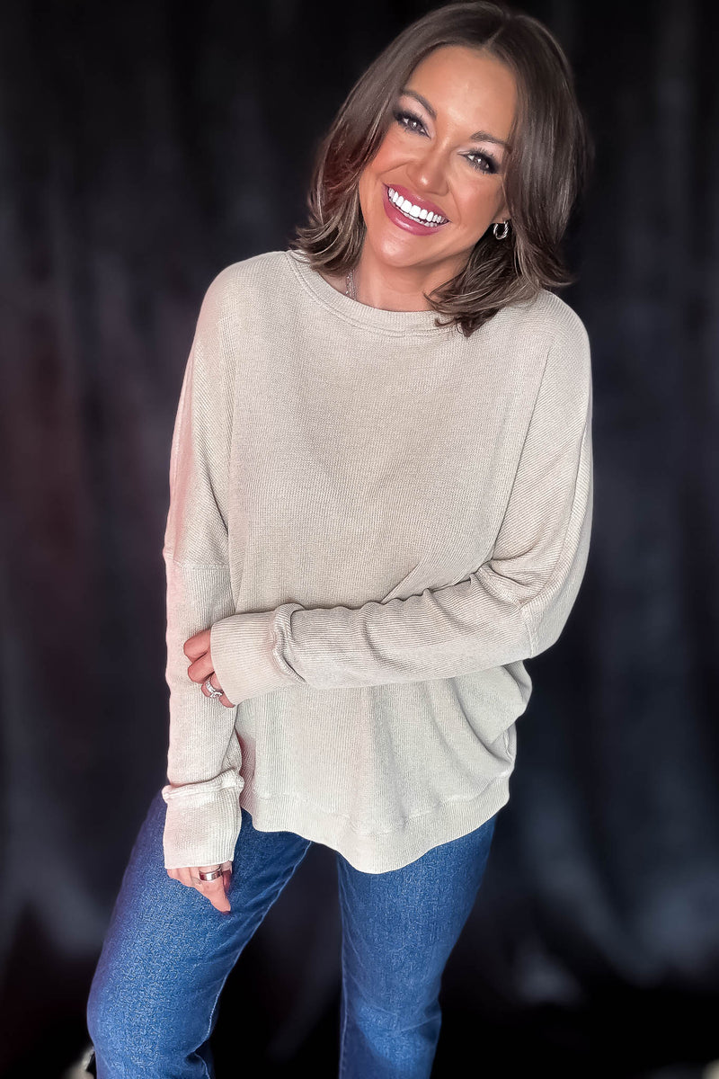 Green Khaki Waffle Ribbed Roundneck Pullover