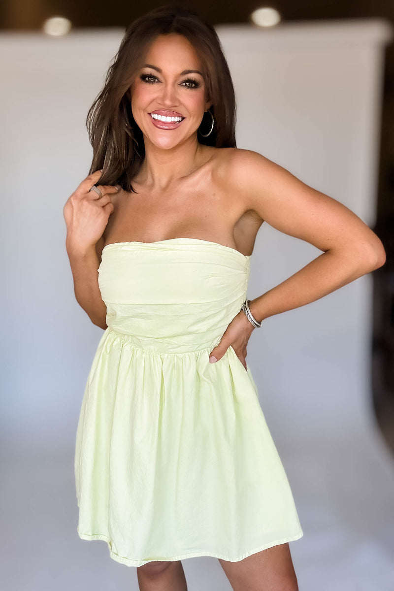 Light Yellow Strapless Pleated Detail Dress