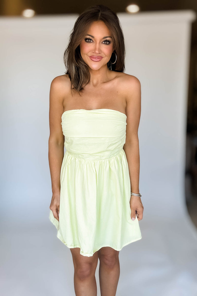 Light Yellow Strapless Pleated Detail Dress