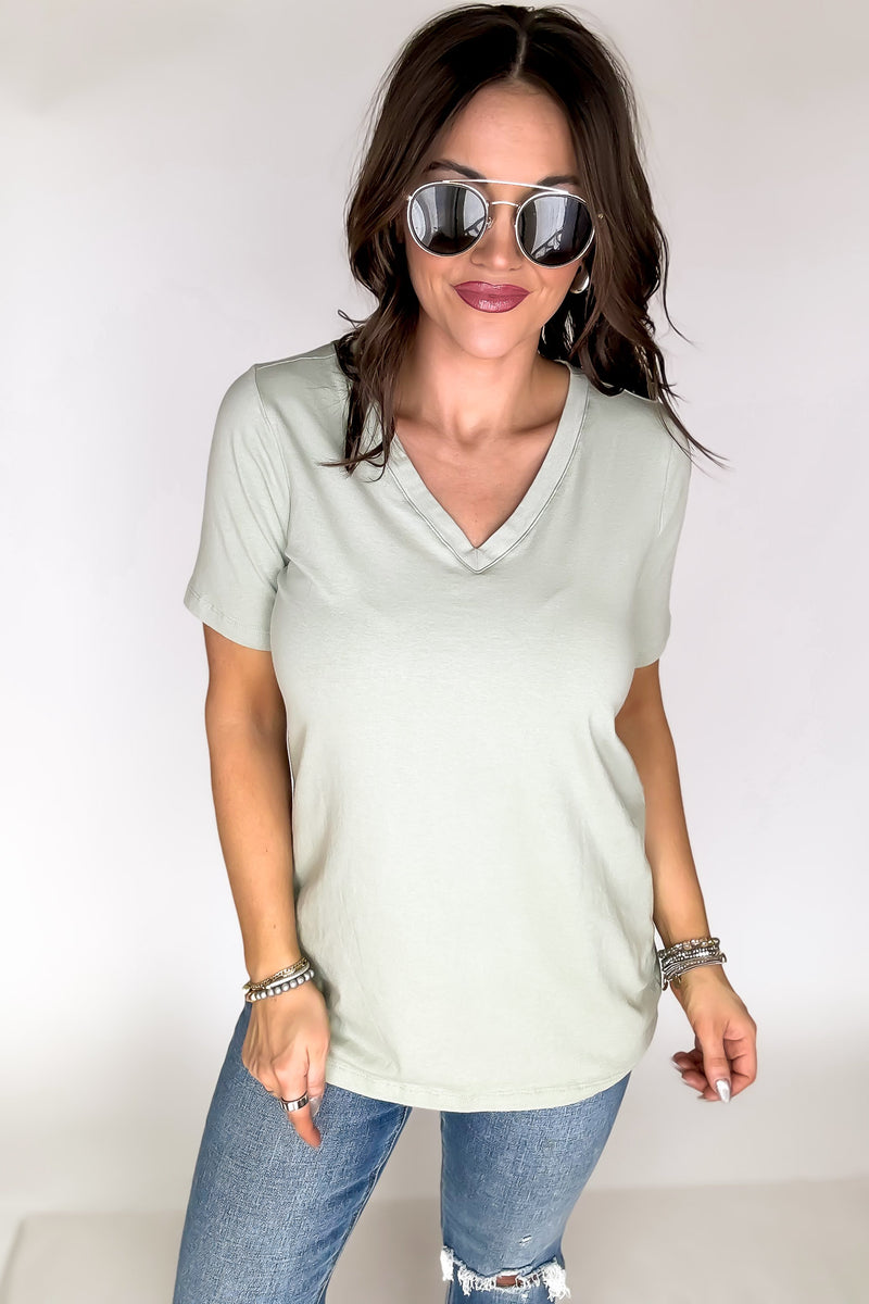 SR Basic Cotton Light Sage V-Neck Short Sleeve Tee Shirt