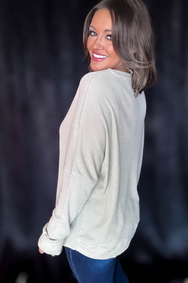 Green Khaki Waffle Ribbed Roundneck Pullover