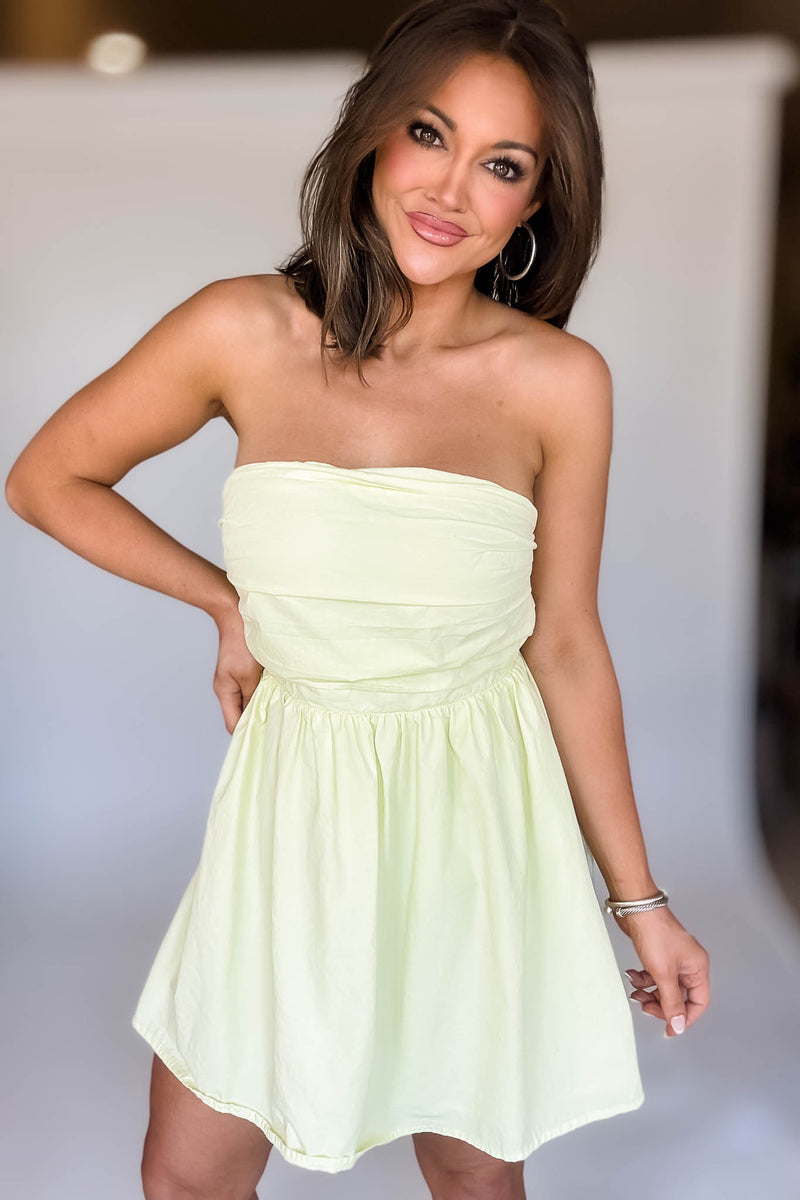 Light Yellow Strapless Pleated Detail Dress