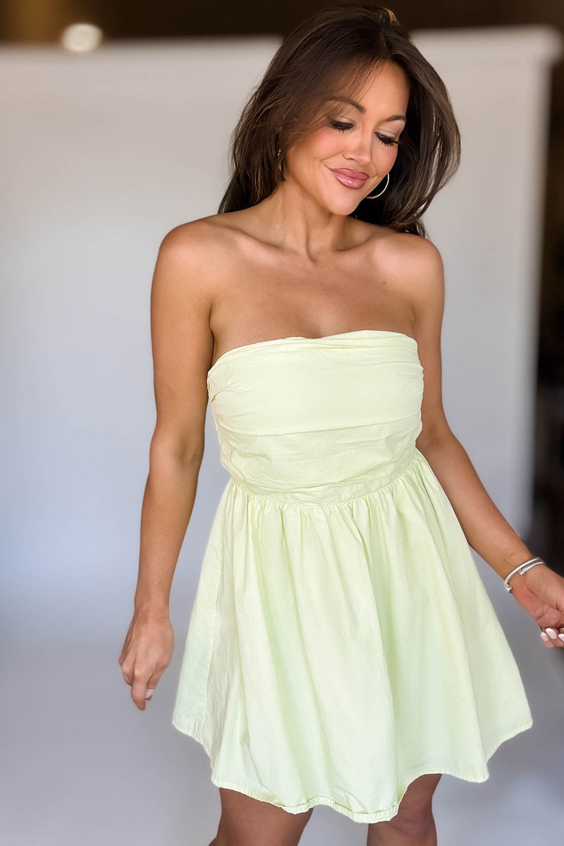Light Yellow Strapless Pleated Detail Dress