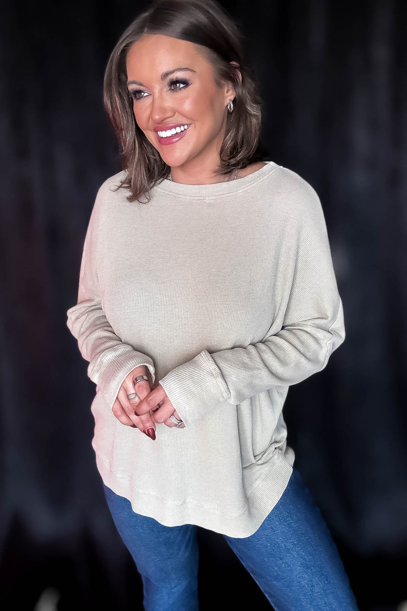 Green Khaki Waffle Ribbed Roundneck Pullover