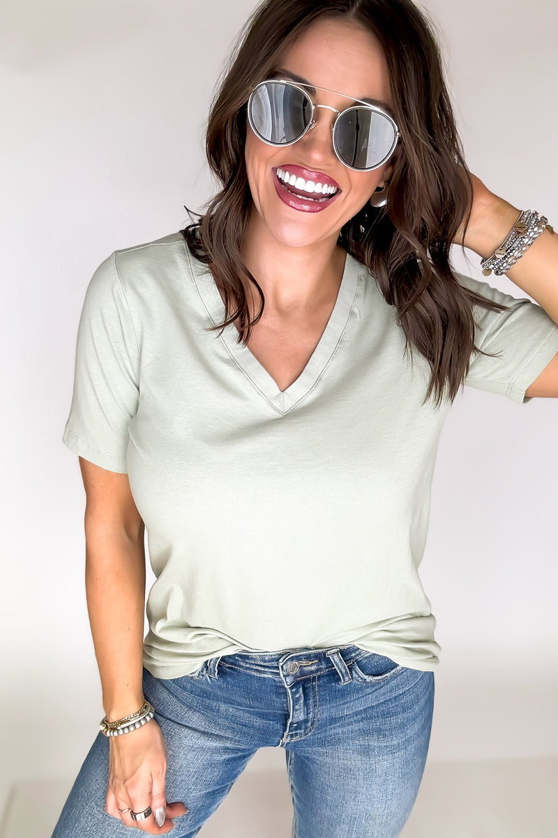 SR Basic Cotton Light Sage V-Neck Short Sleeve Tee Shirt