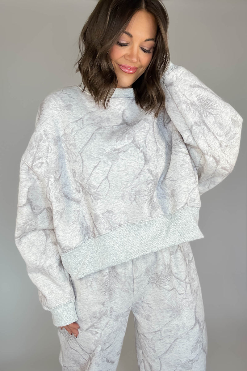 TCEC Grey Camouflage Print Dropped Shoulders Sweatshirt