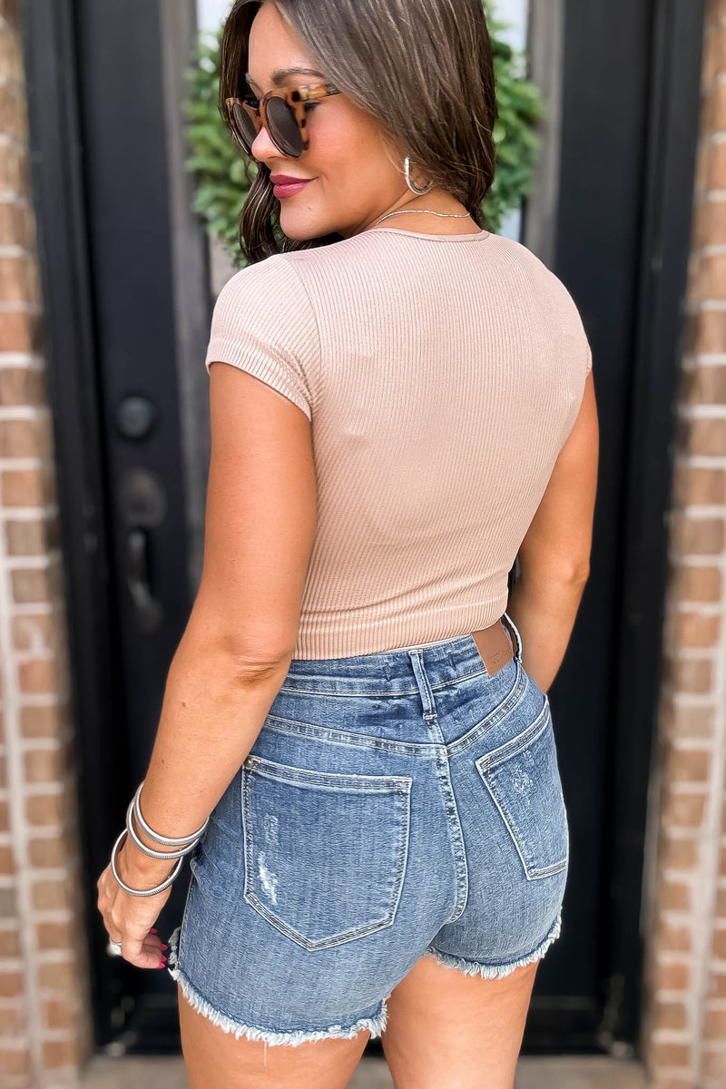 Dynamic Fashion Taupe Ribbed Notched Scoopneck Top