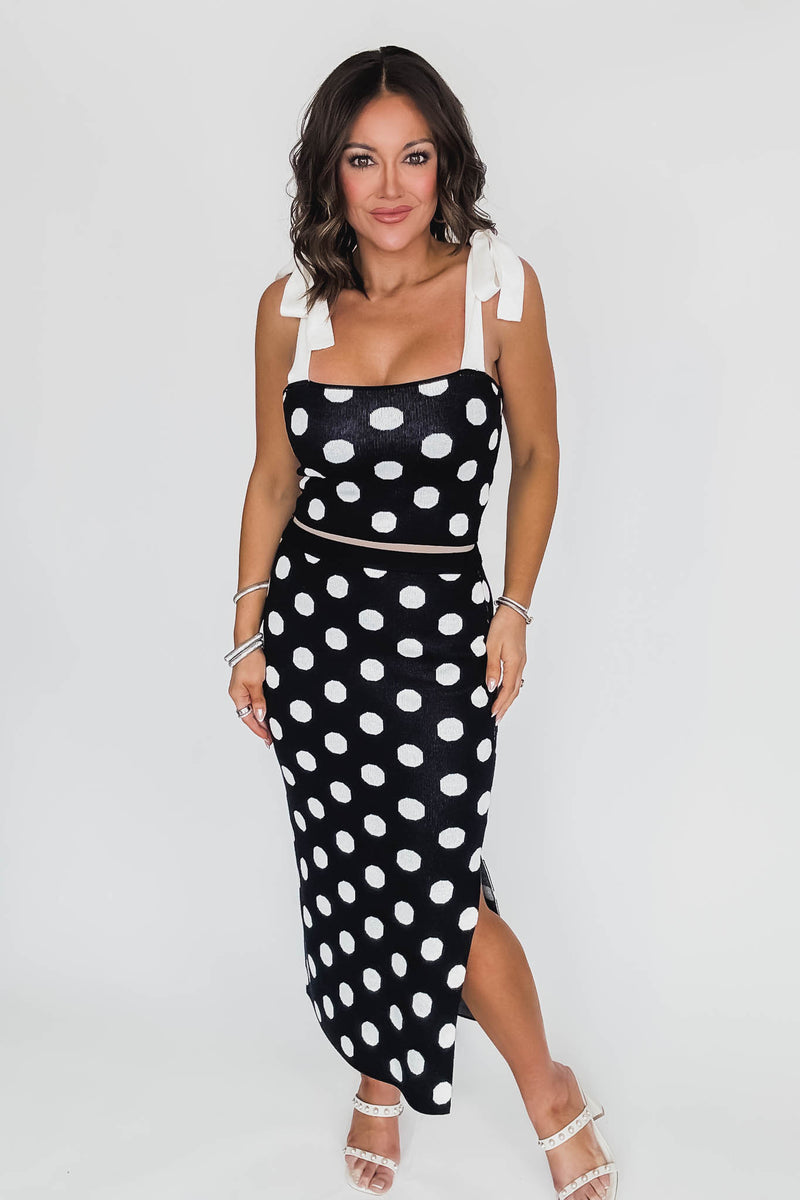 Polka Dot Knit Tie Strap Top And Skirt Set