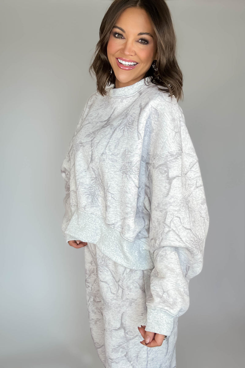 TCEC Grey Camouflage Print Dropped Shoulders Sweatshirt