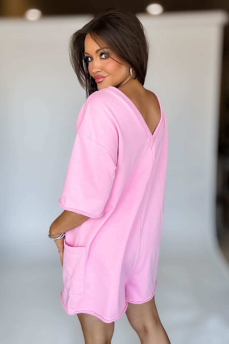 Pink Scoop Neck Romper With V Neck Back Detail