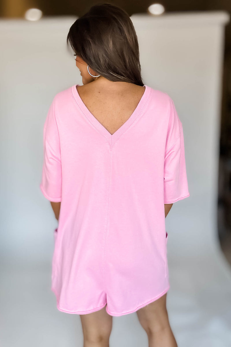 Pink Scoop Neck Romper With V Neck Back Detail