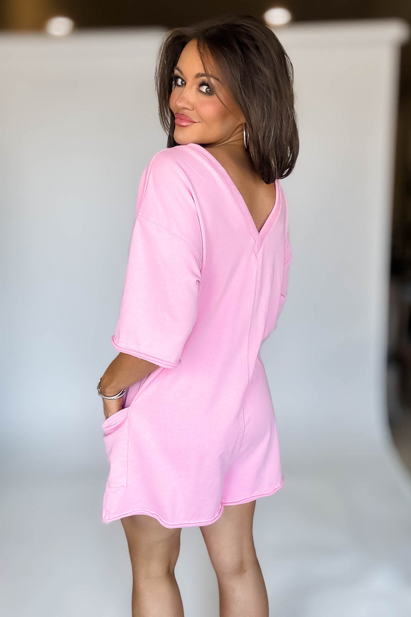 Pink Scoop Neck Romper With V Neck Back Detail