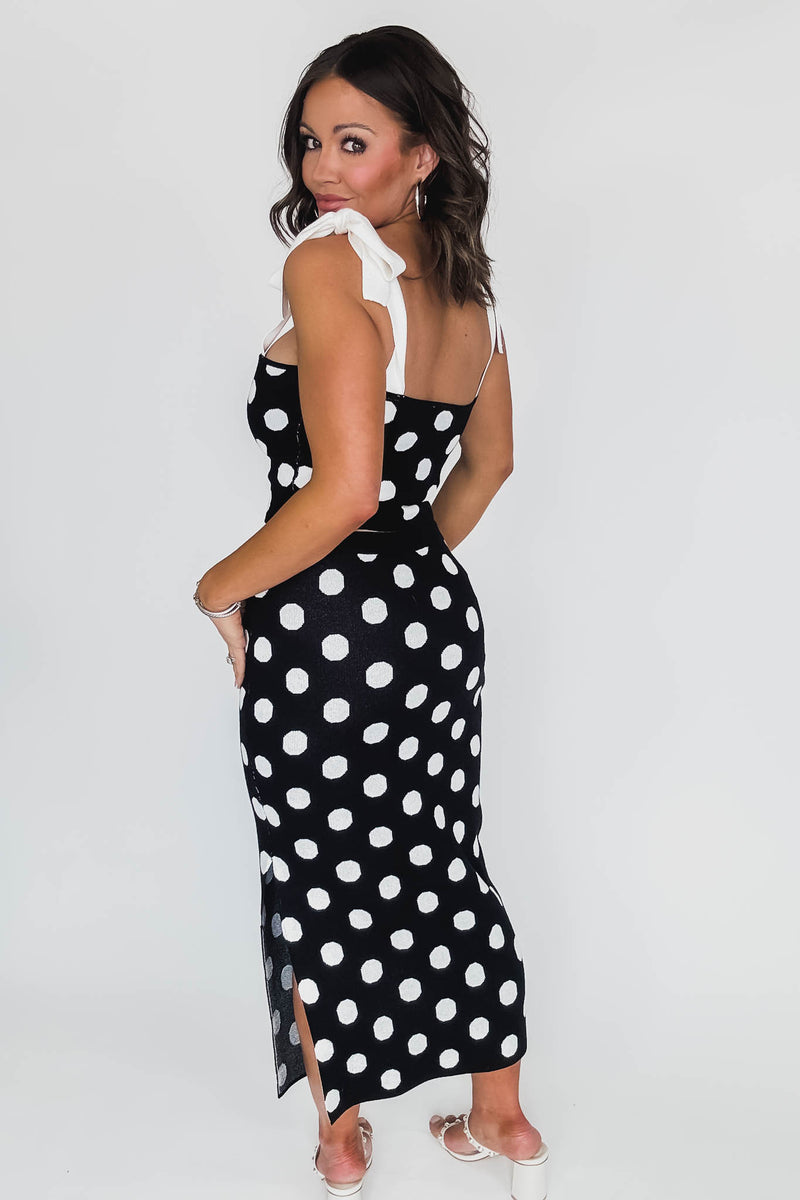 Polka Dot Knit Tie Strap Top And Skirt Set