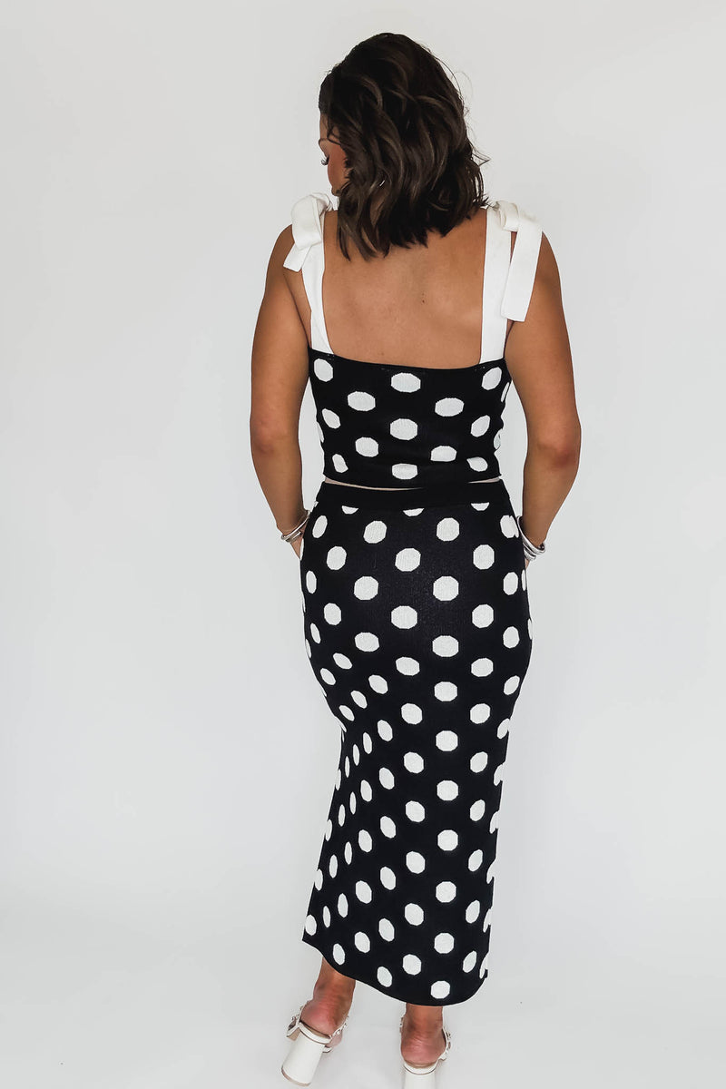 Polka Dot Knit Tie Strap Top And Skirt Set
