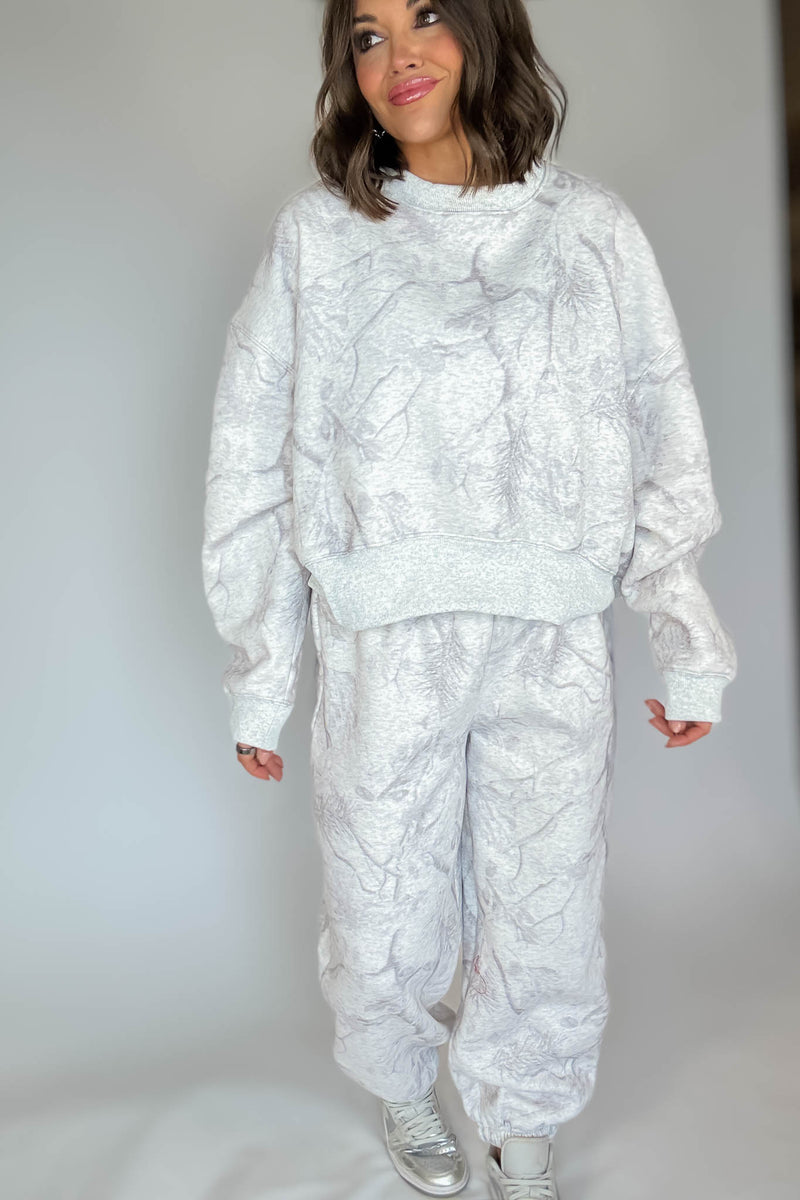 TCEC Grey Camouflage Print Dropped Shoulders Sweatshirt