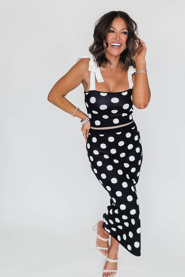 Polka Dot Knit Tie Strap Top And Skirt Set