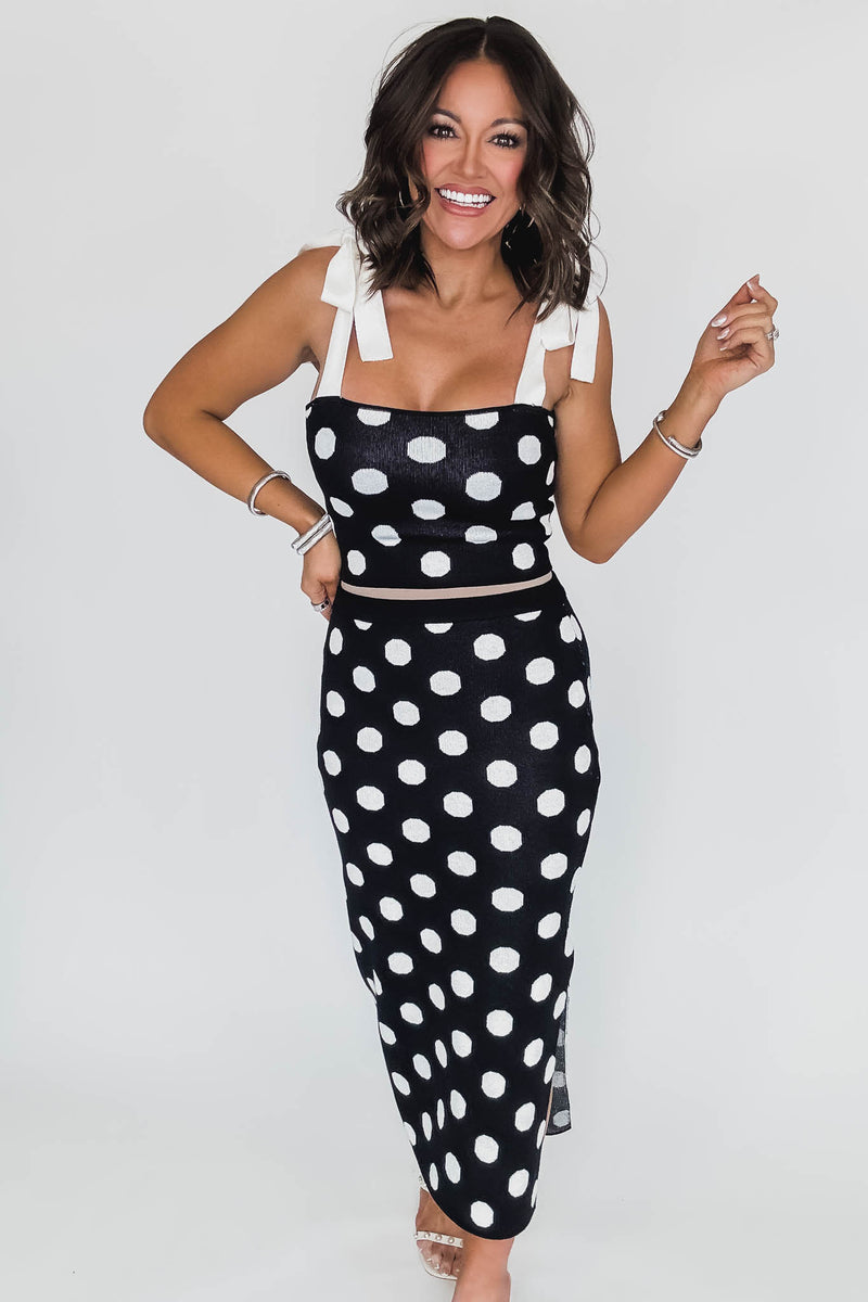 Polka Dot Knit Tie Strap Top And Skirt Set