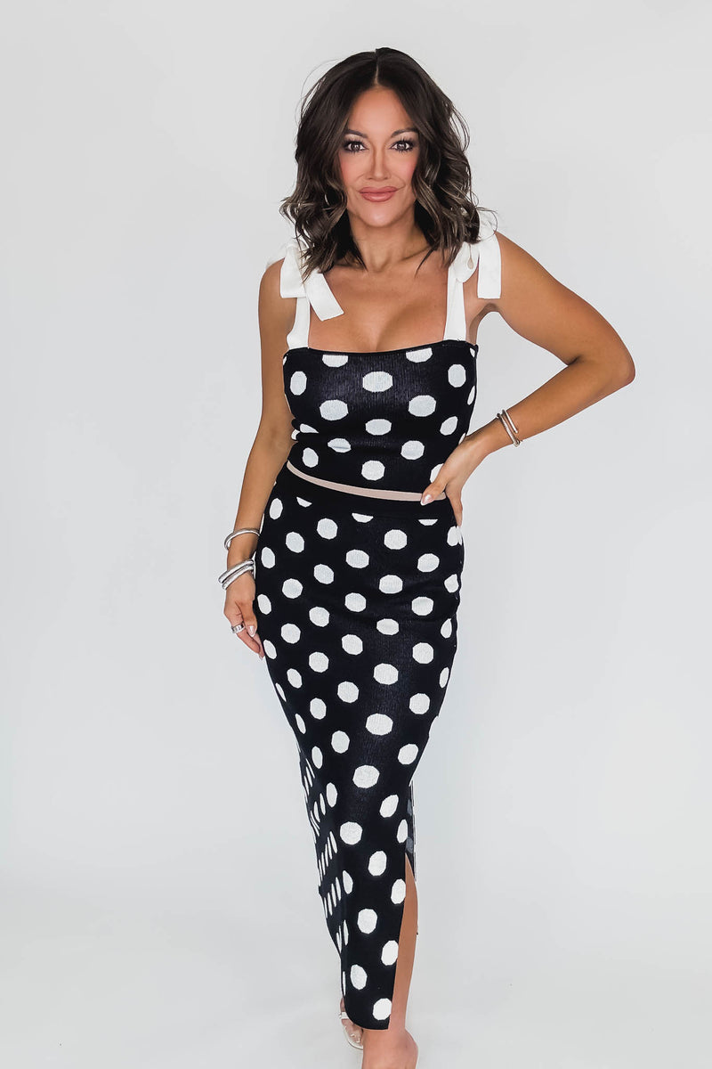 Polka Dot Knit Tie Strap Top And Skirt Set