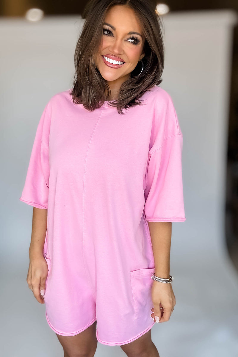 Pink Scoop Neck Romper With V Neck Back Detail