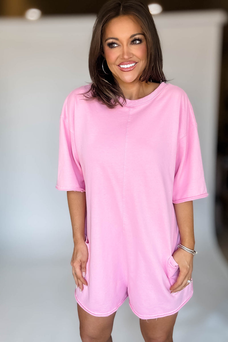 Pink Scoop Neck Romper With V Neck Back Detail