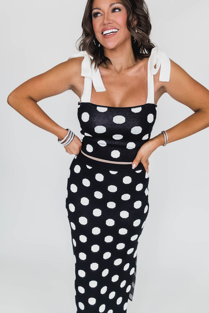 Polka Dot Knit Tie Strap Top And Skirt Set