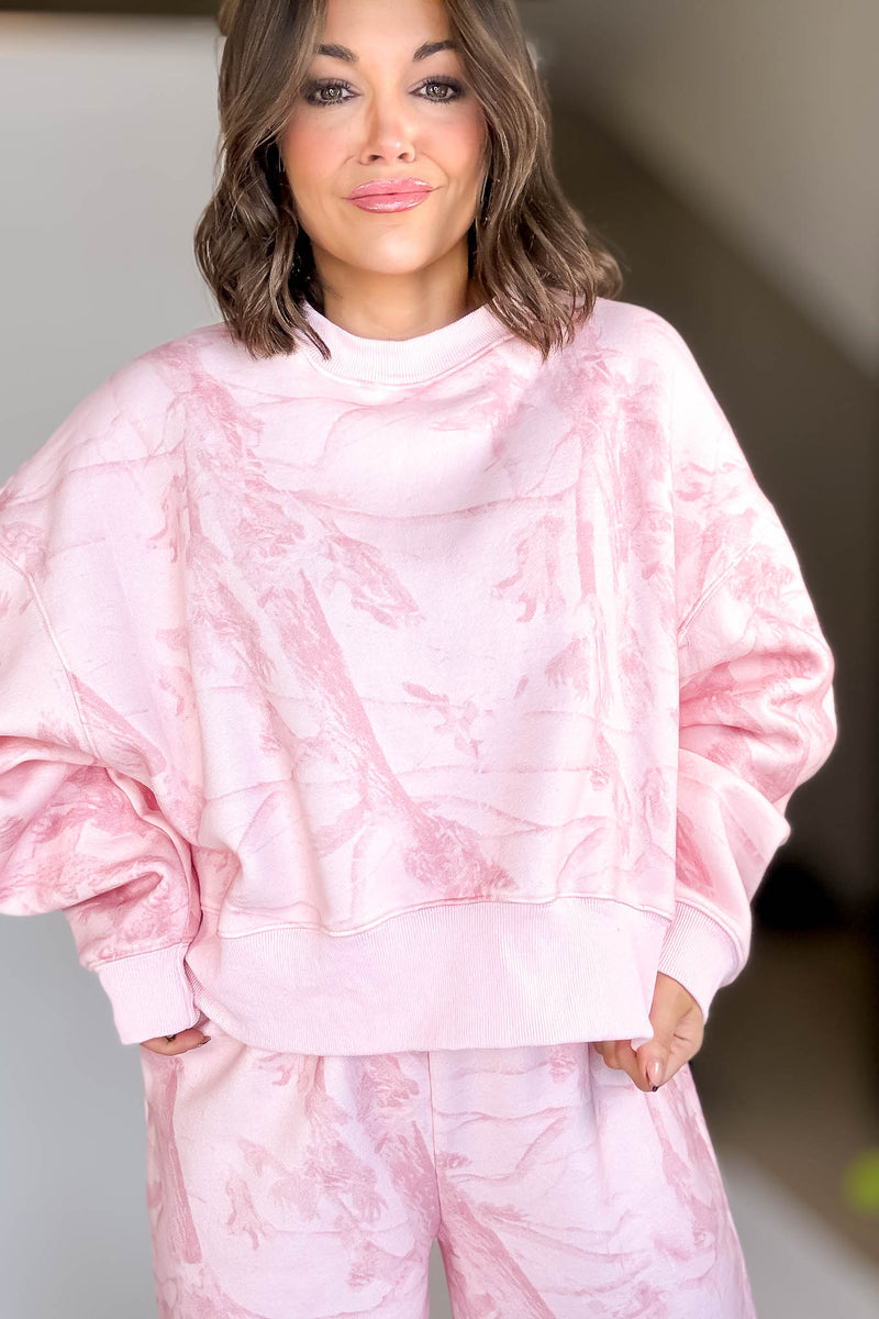 TCEC Pink Camouflage Print Dropped Shoulders Sweatshirt