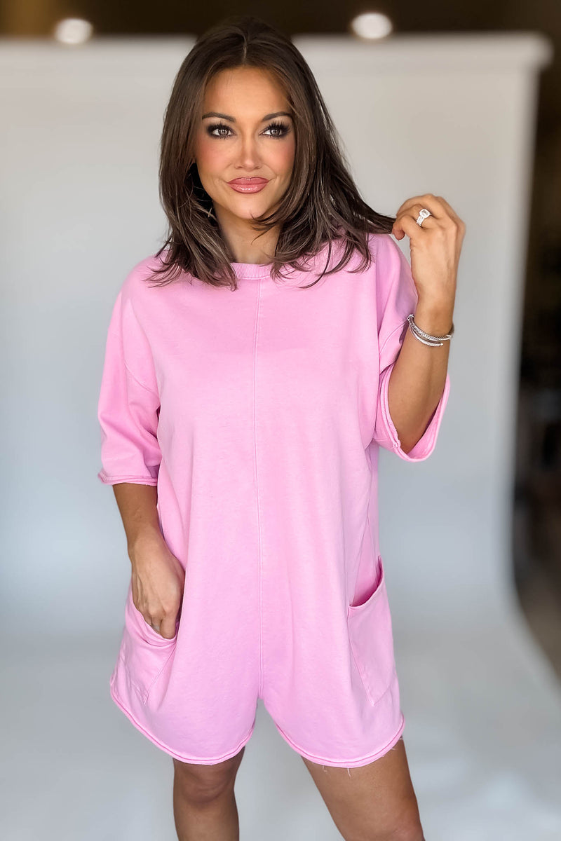 Pink Scoop Neck Romper With V Neck Back Detail