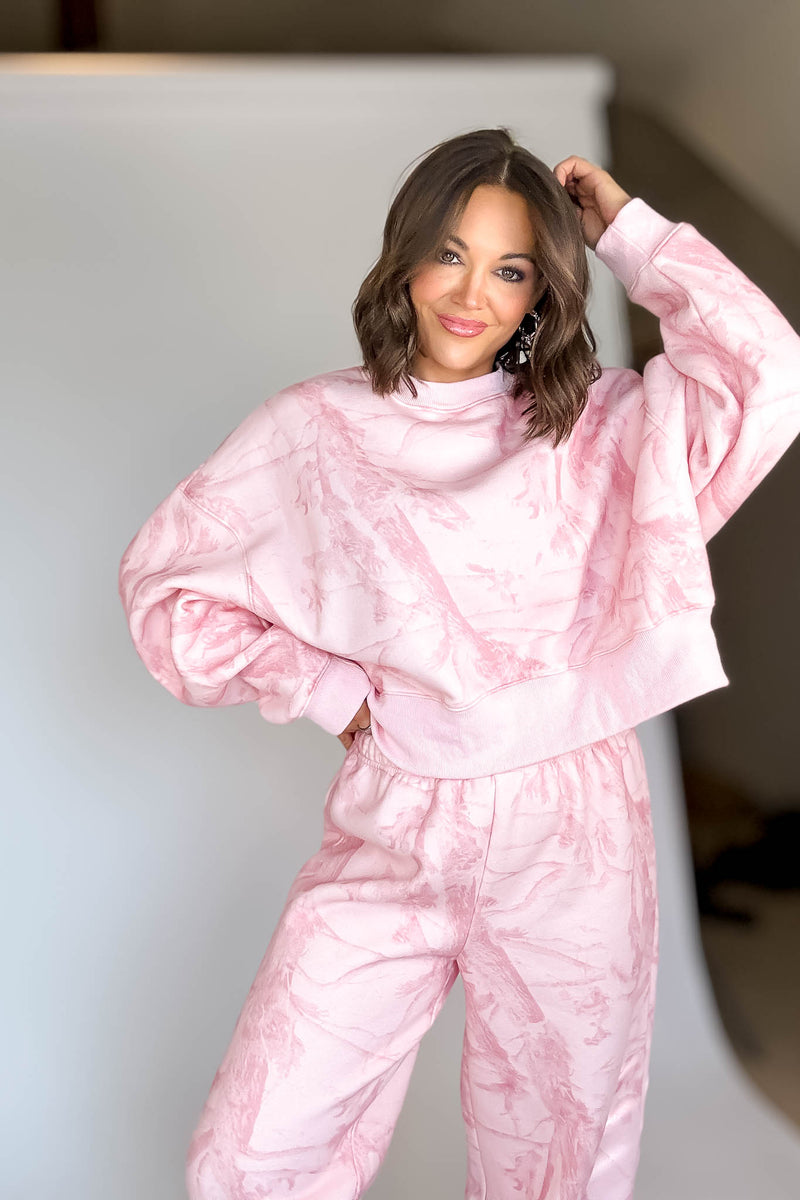 TCEC Pink Camouflage Print Dropped Shoulders Sweatshirt