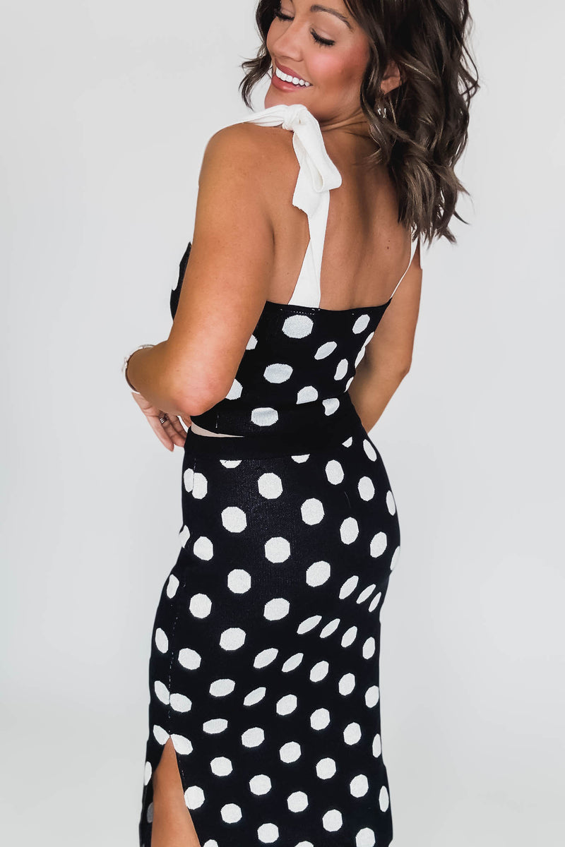Polka Dot Knit Tie Strap Top And Skirt Set