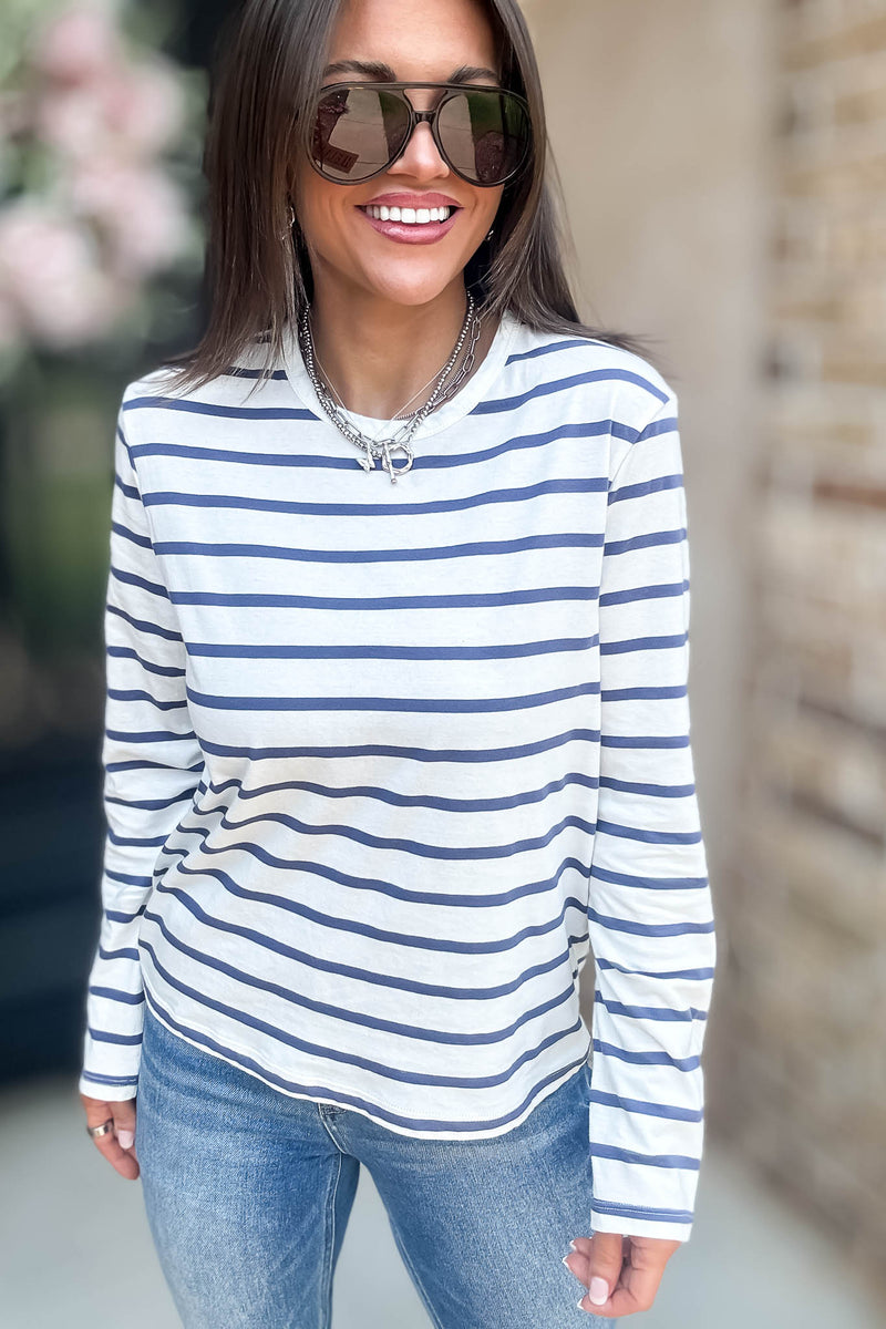 Without A Doubt Ivory And Blue Round Neck Stripe Long Sleeve Tee