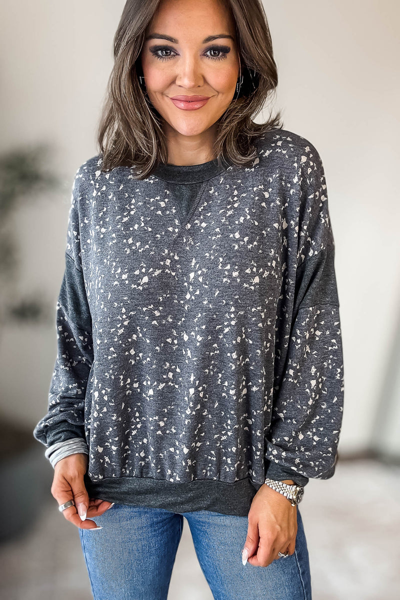 GREY HIGH NECK LONG PUFF SLEEVE KNITTED PATTERN SWEATER