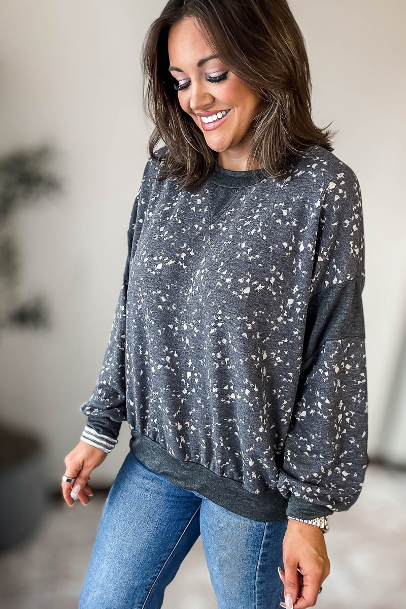 GREY HIGH NECK LONG PUFF SLEEVE KNITTED PATTERN SWEATER