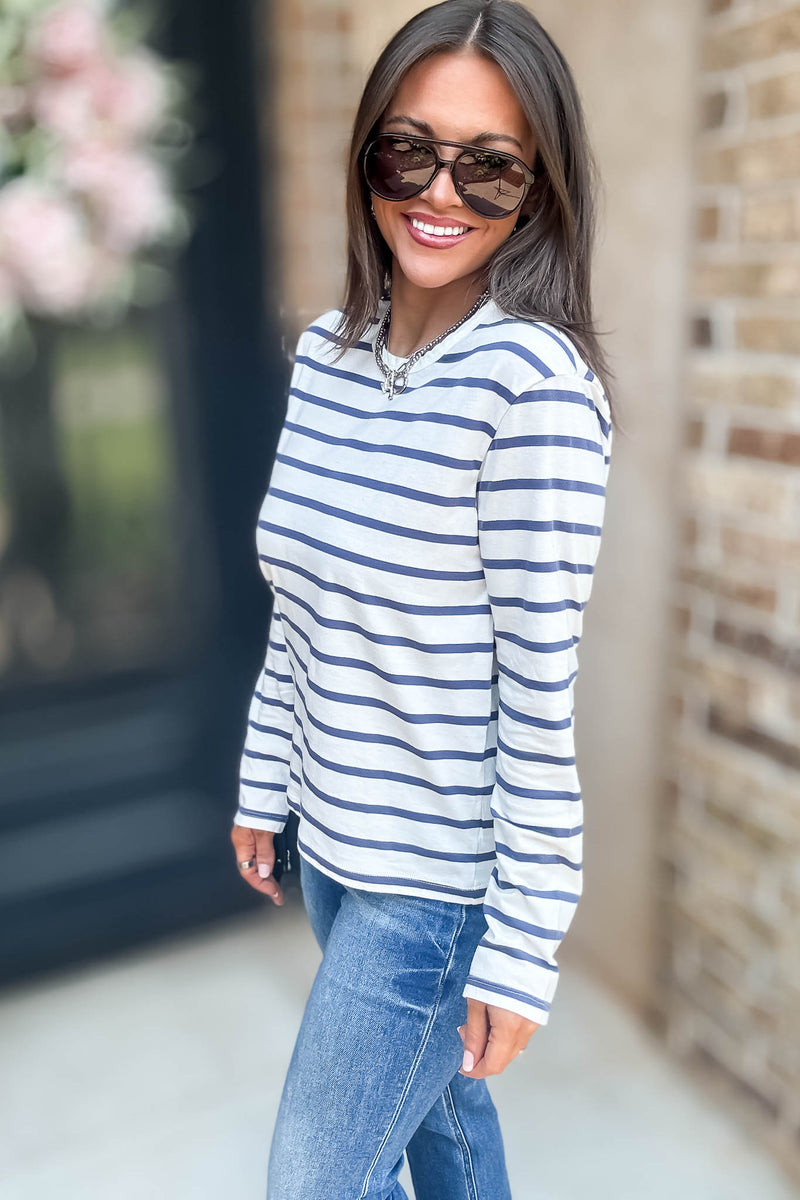 Without A Doubt Ivory And Blue Round Neck Stripe Long Sleeve Tee
