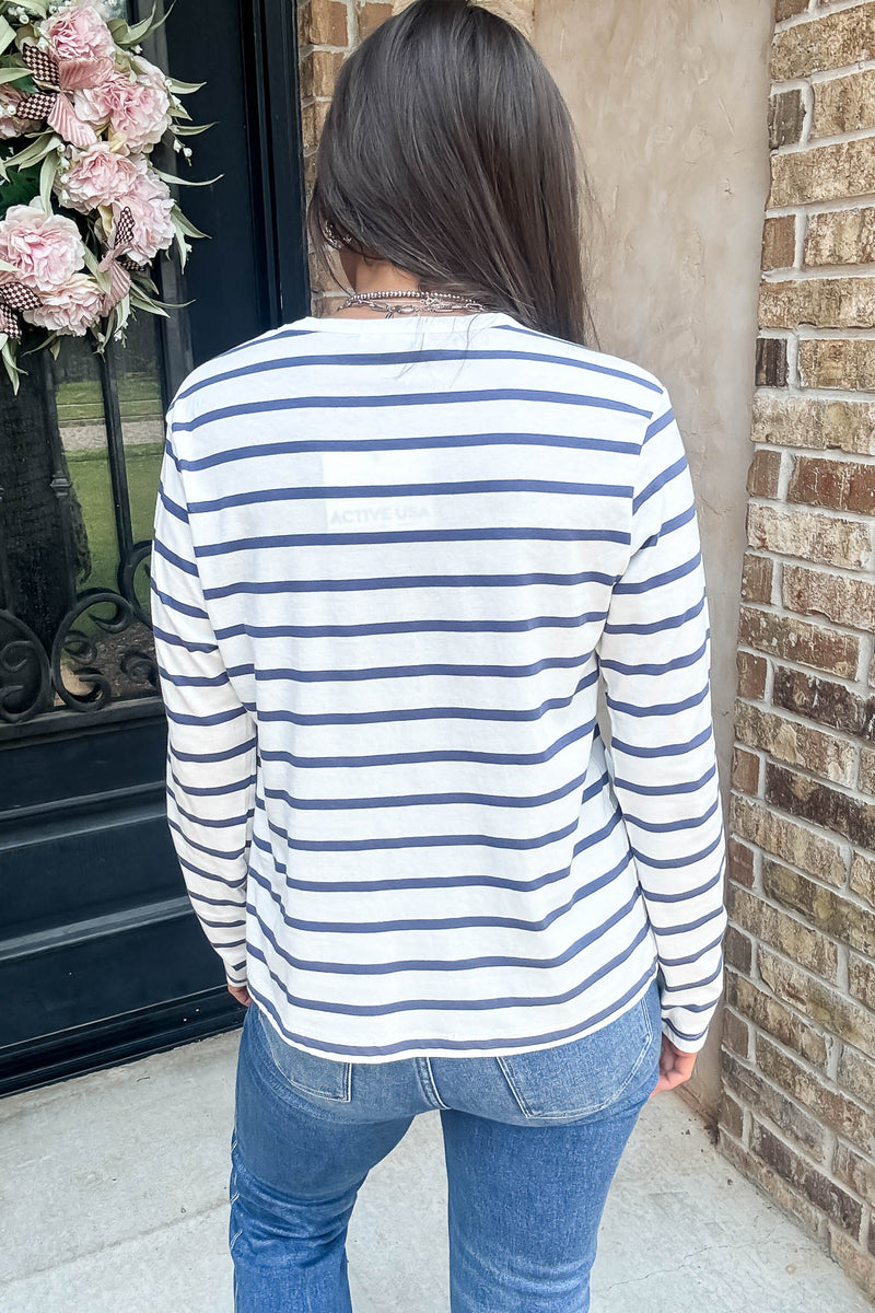 Without A Doubt Ivory And Blue Round Neck Stripe Long Sleeve Tee