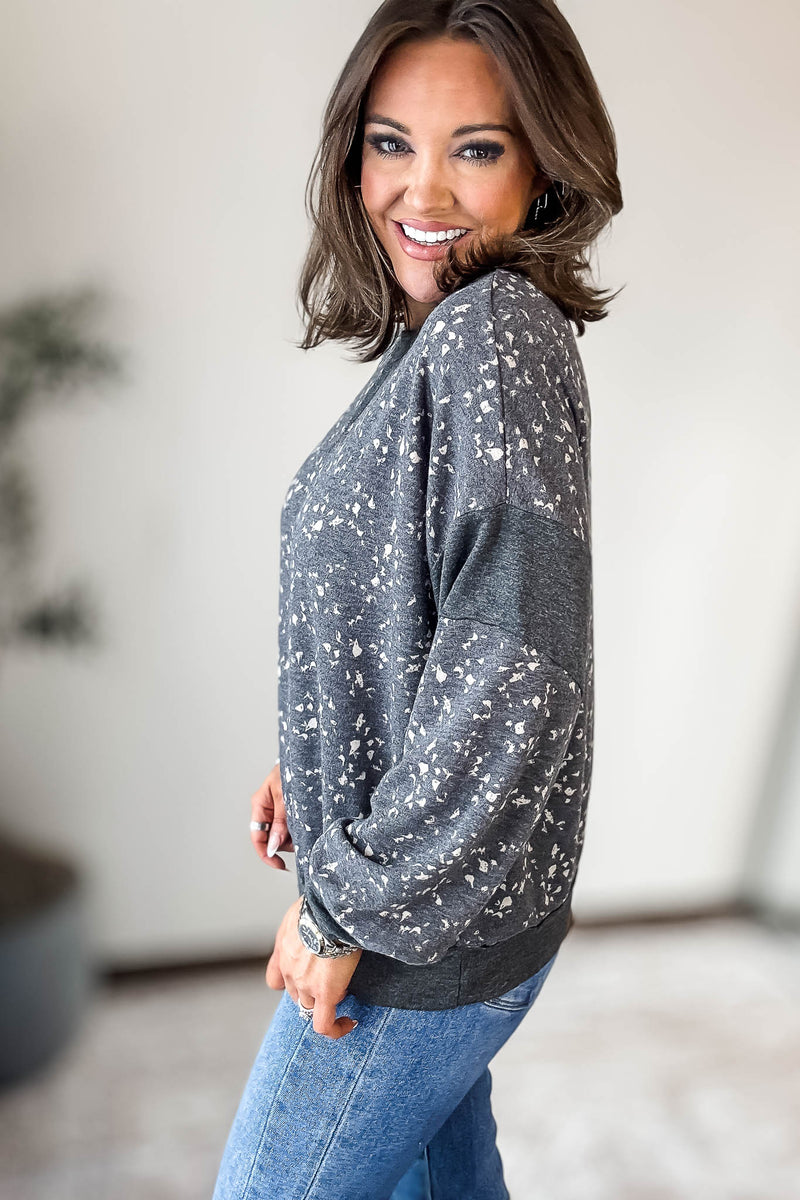 GREY HIGH NECK LONG PUFF SLEEVE KNITTED PATTERN SWEATER